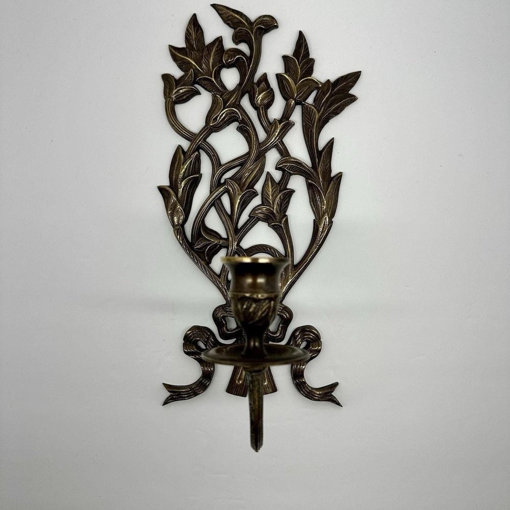 Brass Hollywood Regency Wall Sconce Leaf & Bow Vintage 5 X12 Solid Brass MCM